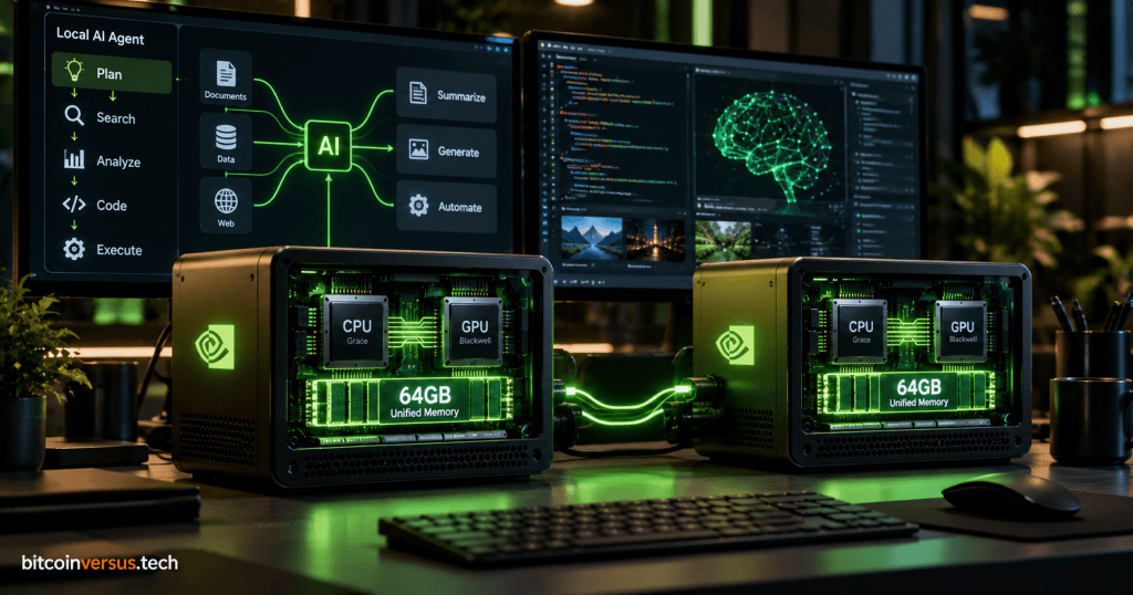 Two compact NVIDIA-inspired Grace Blackwell local AI systems with 64GB unified memory linked together for clustered inference