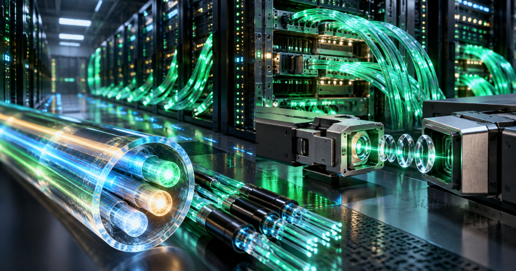 A high-density AI data center with a four-core optical fiber cutaway and contactless photonic connector.