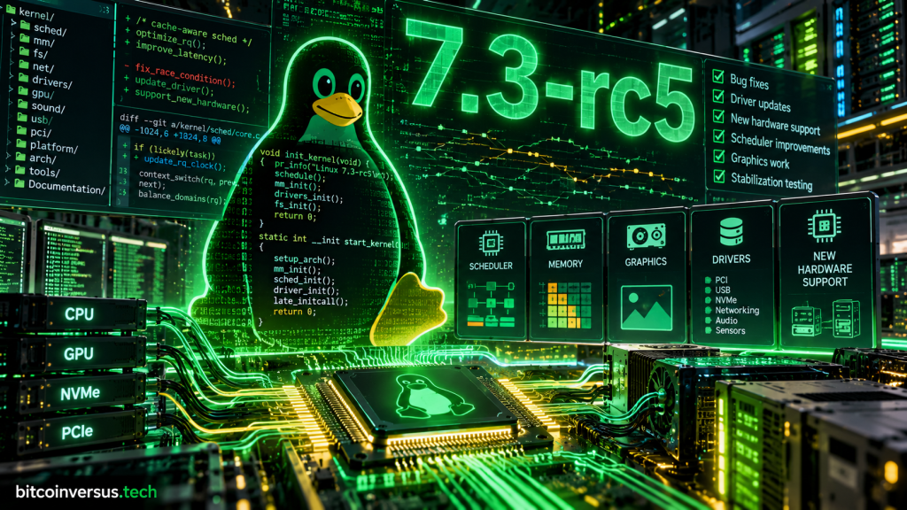 Neon green Linux 7.3-rc5 kernel illustration with Tux, scheduler, memory, graphics, drivers, hardware support and data center infrastructure