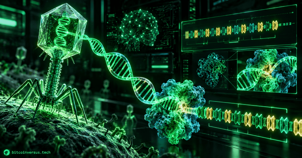 Neon biotechnology illustration of a bacteriophage, DNA repeat array, enzyme complex, and AI analysis interface.