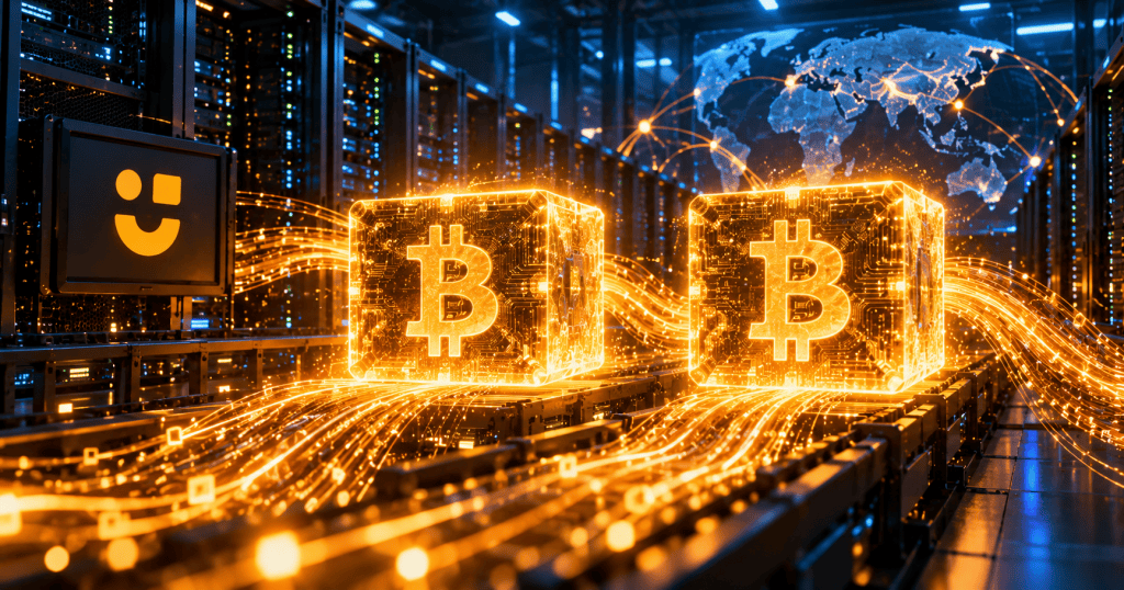 Two glowing Bitcoin blocks in a data center linked by golden hashpower streams with a subtle NiceHash-style orange symbol