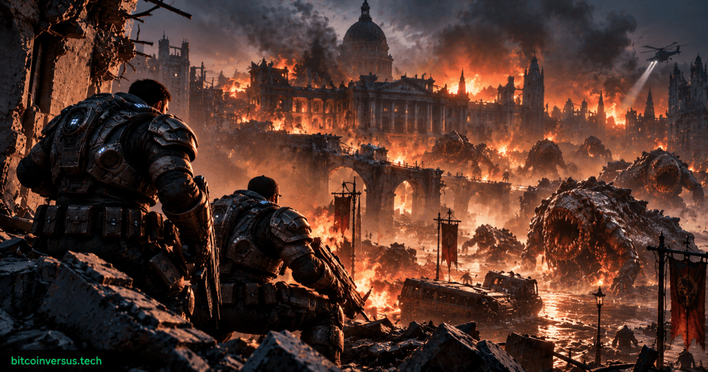 Cinematic sci-fi battlefield with armored soldiers overlooking a burning city and alien creatures, representing Gears of War E-Day early access