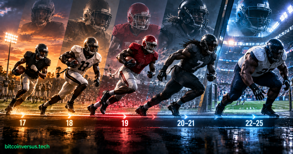 Cinematic football development timeline showing athletes progressing from age 17 high school football through college development and into the NFL.