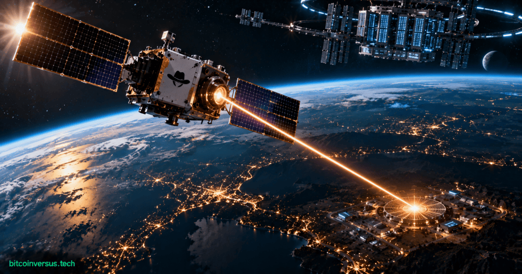 Conceptual illustration of Cowboy Space Reason-1 satellite testing laser power beaming from low Earth orbit toward a ground receiver