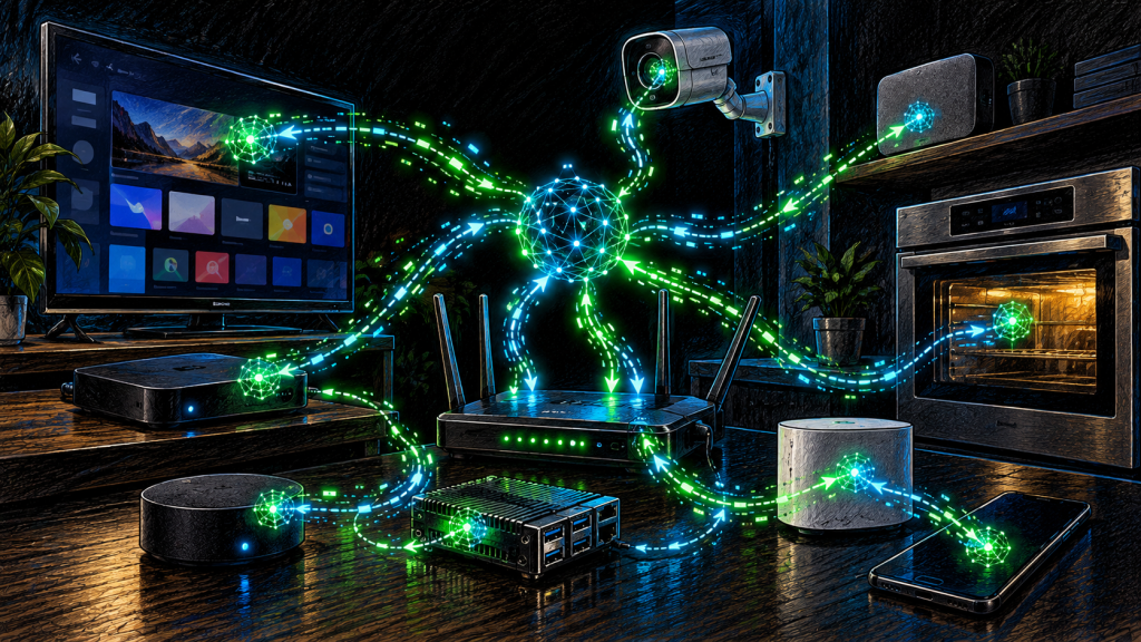 Color-pencil illustration of an AI model spreading across smart home devices and IoT hardware through a network, representing autonomous replication research.