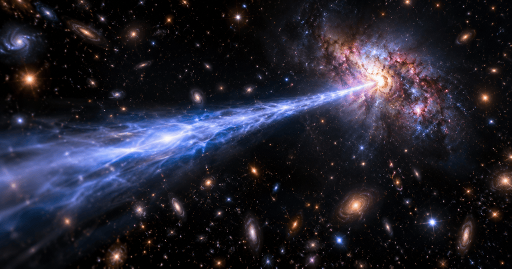 Photorealistic space scene showing a powerful fast radio burst emerging from a distant young galaxy.