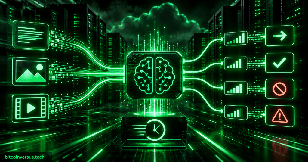 Neon green AI decision-routing chip classifying text, image, and video inputs into structured outcomes inside a data center