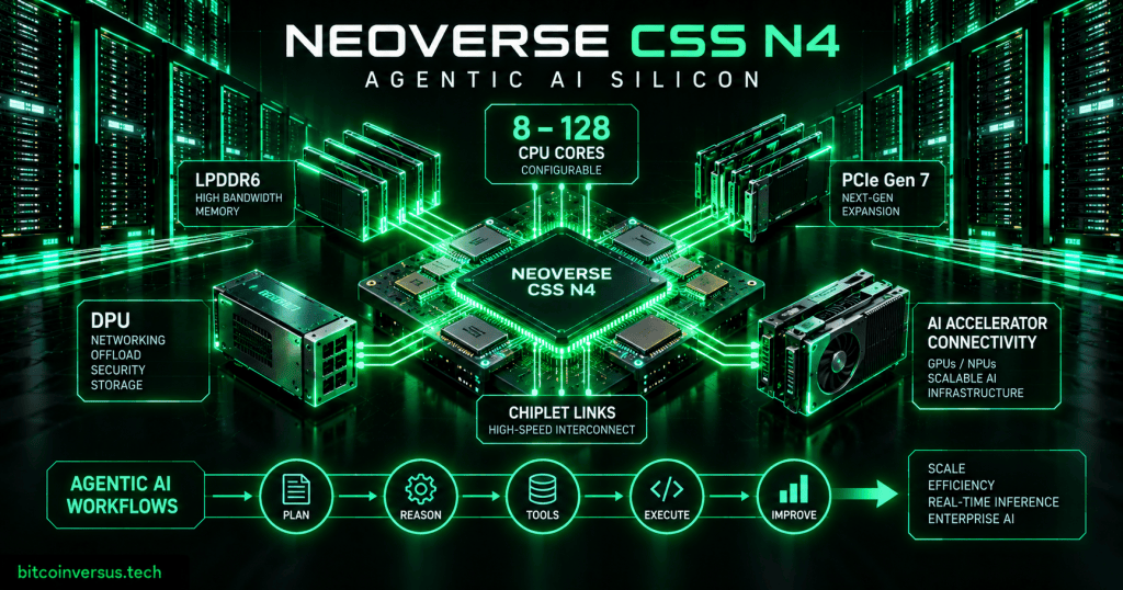 Neon green diagram of Arm Neoverse CSS N4 connecting up to 128 CPU cores, LPDDR6, PCIe Gen 7, DPUs, AI accelerators and chiplet links