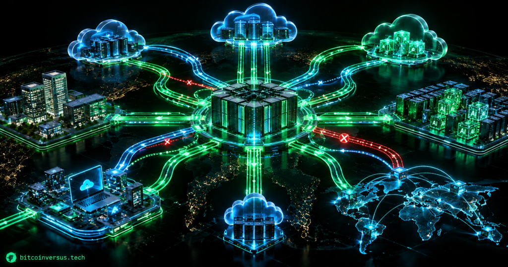 Neon network diagram showing a central digital infrastructure hub automatically connecting cloud, AI, enterprise and edge environments with redundant paths.