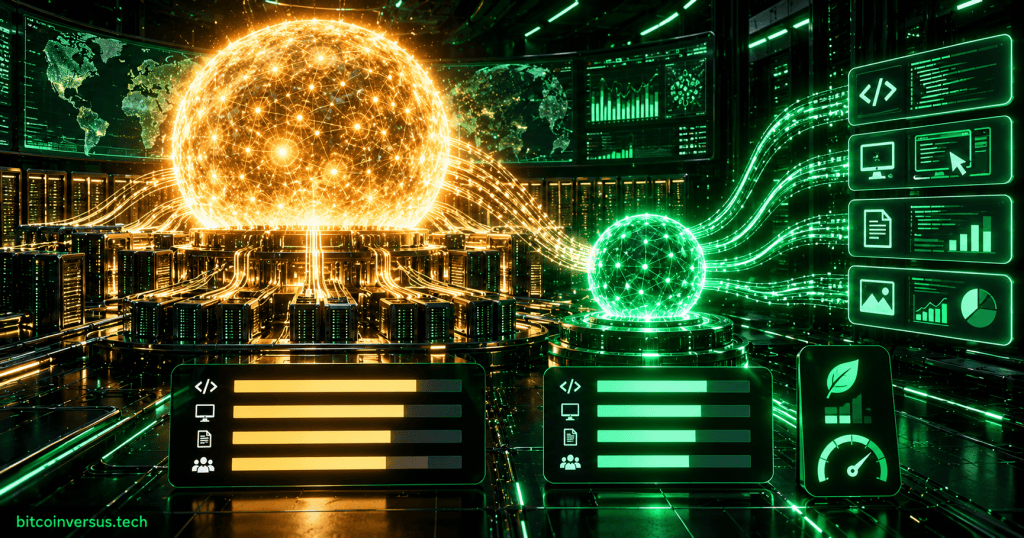 Neon green and gold AI compute cores comparing high-performance and efficient model infrastructure inside a futuristic data center
