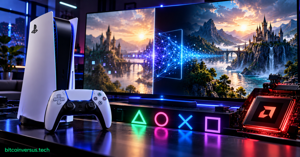 Cinematic PlayStation 5 gaming scene showing a deliberately low-resolution game image reconstructed into a sharp AI-enhanced scene, with subtle PlayStation and AMD visual cues.