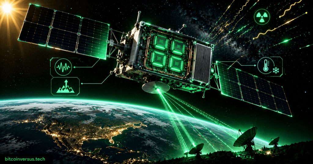 Neon green orbital AI satellite with four processor chips, solar panels, thermal radiator and telemetry links above Earth