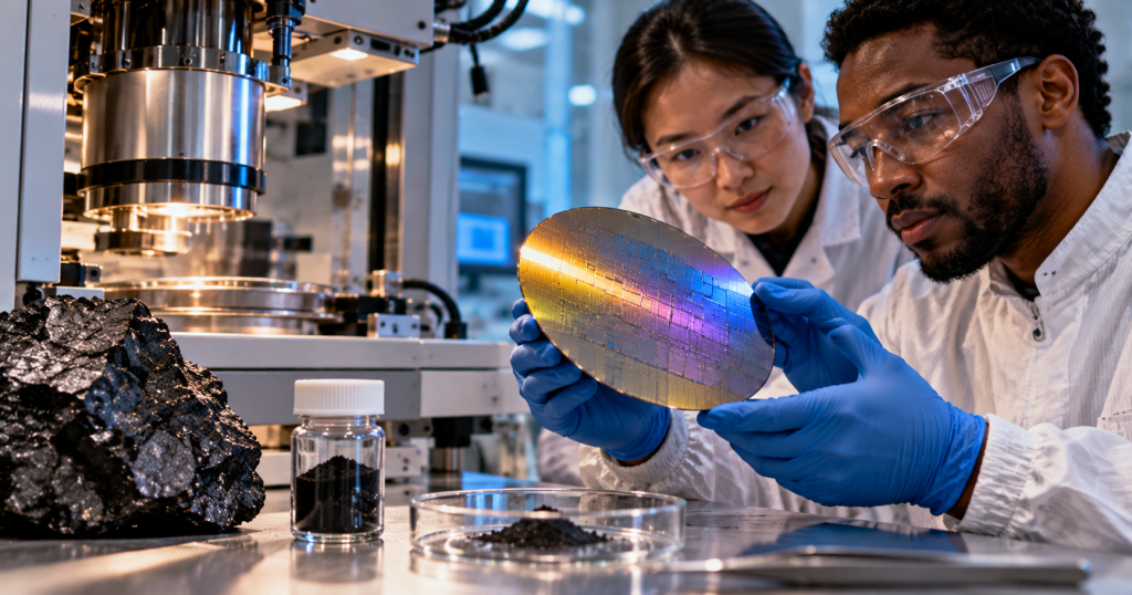 Photorealistic cleanroom scene with researchers examining a semiconductor wafer beside coal-derived carbon material samples.