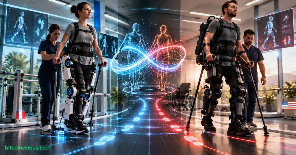 Futuristic rehabilitation lab showing two people using robotic lower-body exoskeletons with clinicians and AI gait-analysis overlays, representing Wandercraft and Ekso Bionics robotic mobility.