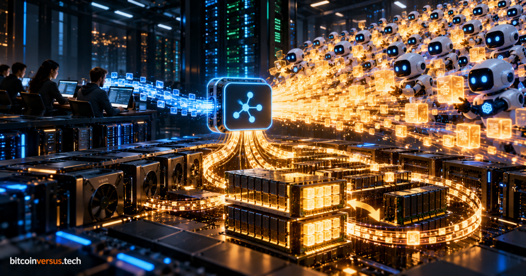 AI agents and human users sending token streams into GPU memory and KV cache infrastructure inside a data center