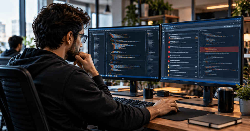 Software developer examining code security findings on two monitors