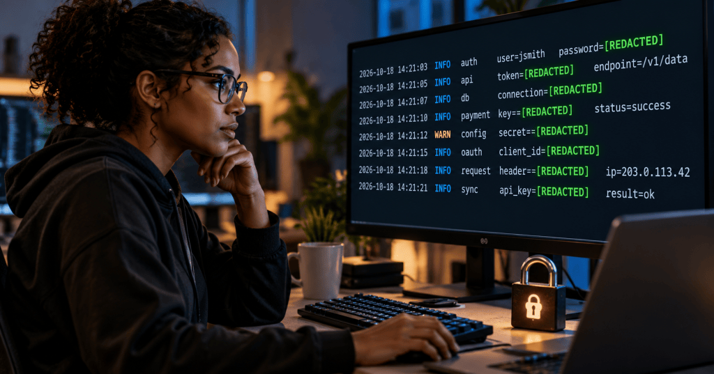 Developer examining application logs with sensitive values marked REDACTED.