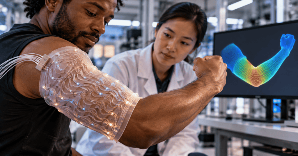 Photorealistic laboratory scene of a flexible optical sensing sheet wrapped around a person's arm during movement tracking.