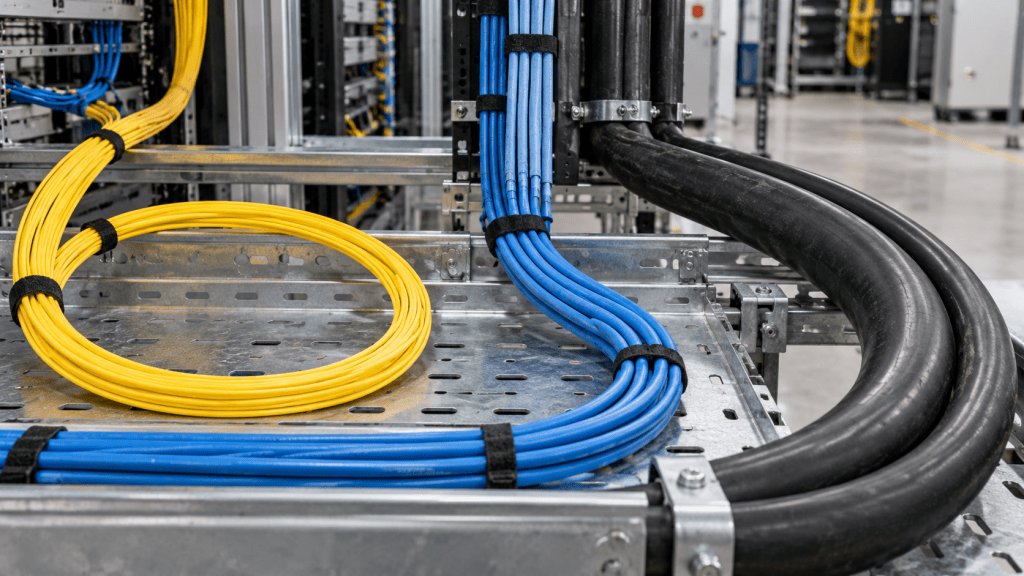Fiber, Ethernet, and power cables following smooth bends through a metal cable tray.