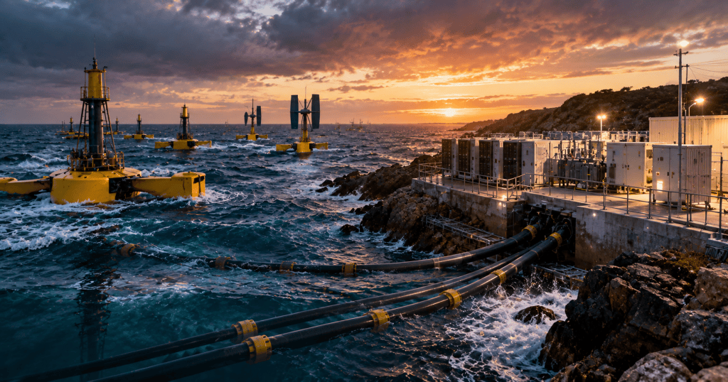 Photorealistic coastal marine-energy farm with wave and tidal devices connected by subsea cables to a shore-based power electronics station at sunset.