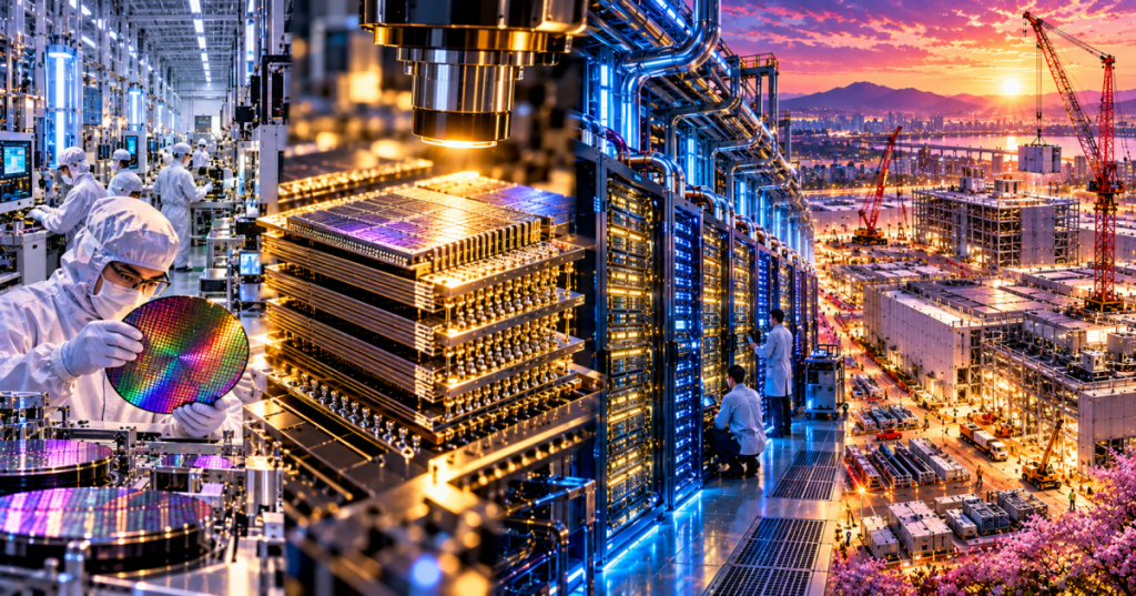 Conceptual editorial illustration of SK hynix HBM4 semiconductor production, data center AI memory and fab expansion, not a real factory photo