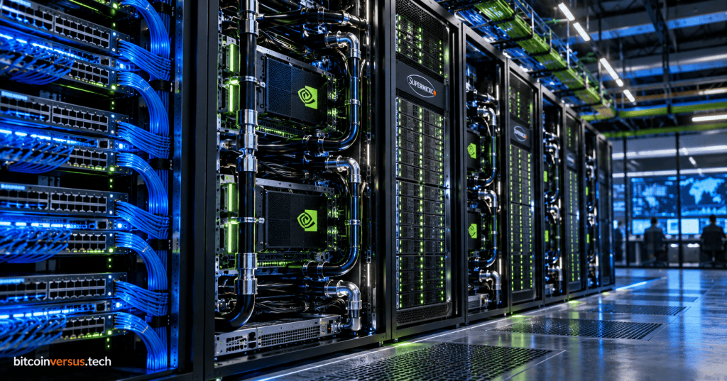 Liquid-cooled AI data center racks with NVIDIA accelerators, Supermicro systems, high-speed networking and fiber cabling