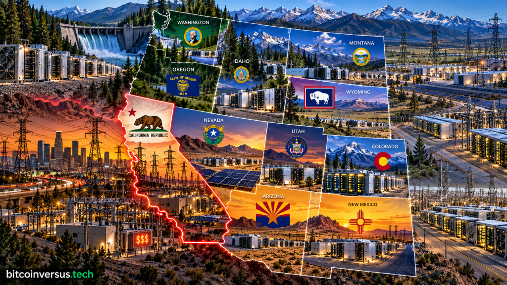 Editorial map of the western United States showing Bitcoin mining infrastructure in Washington, Oregon, Idaho, Nevada, Arizona, New Mexico, Utah, Colorado, Wyoming and Montana with California highlighted as a high-cost power market