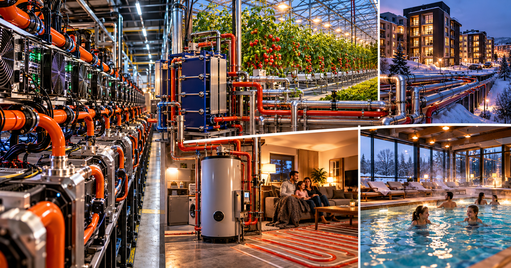 Editorial illustration of mining heat recovery for homes and commercial facilities; not a photograph of a specific installation.