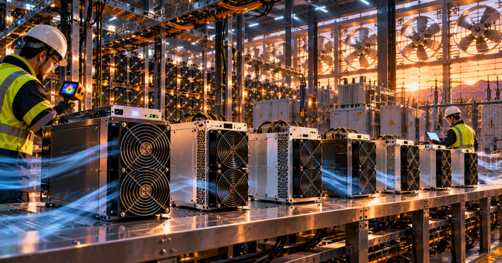 Cinematic anime editorial artwork of air-cooled Bitcoin mining rigs and engineers