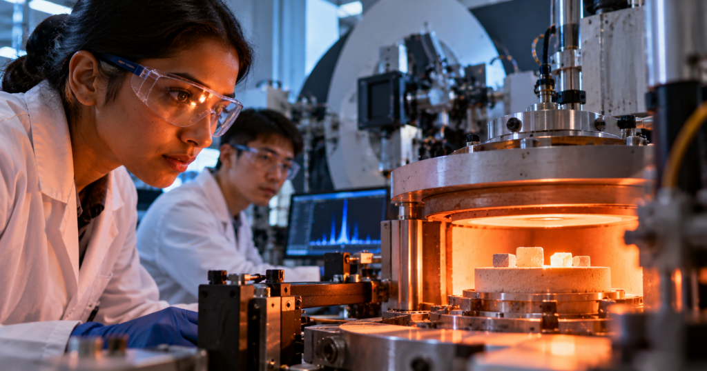 Photorealistic materials-science laboratory with researchers monitoring heated crystal samples inside an analytical furnace.