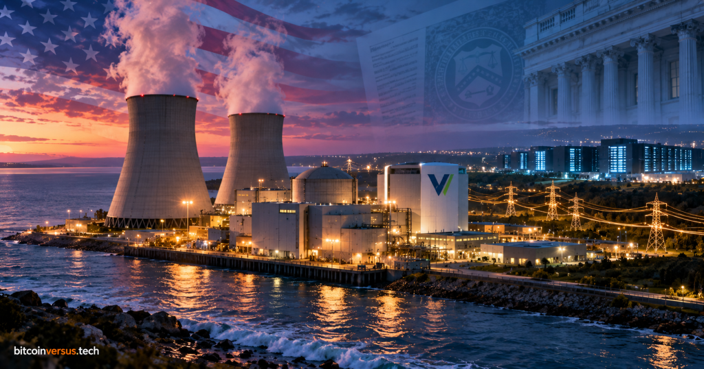 Nuclear power station at dusk with power lines, a nearby data center, and subtle U.S. federal finance imagery
