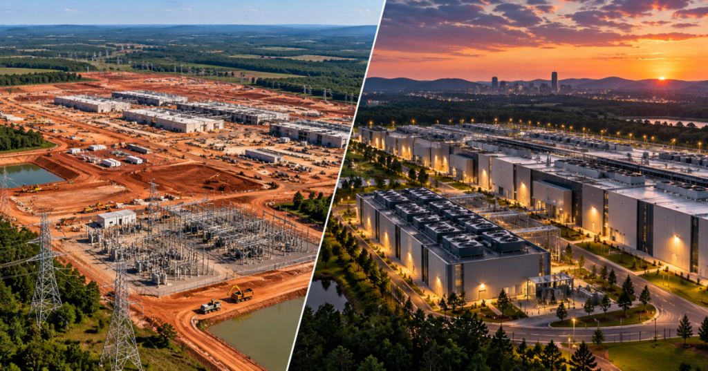 Conceptual editorial split scene of data center construction and completed facilities in Alabama