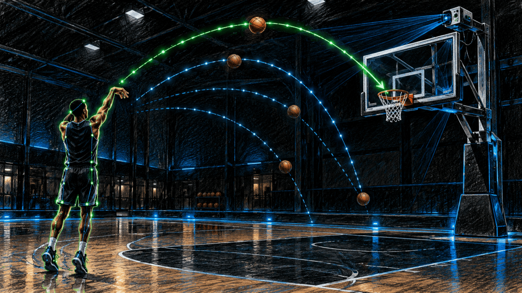 Color-pencil illustration of a basketball player shooting toward a smart hoop while sensors and tracking arcs analyze the shot path and body position.