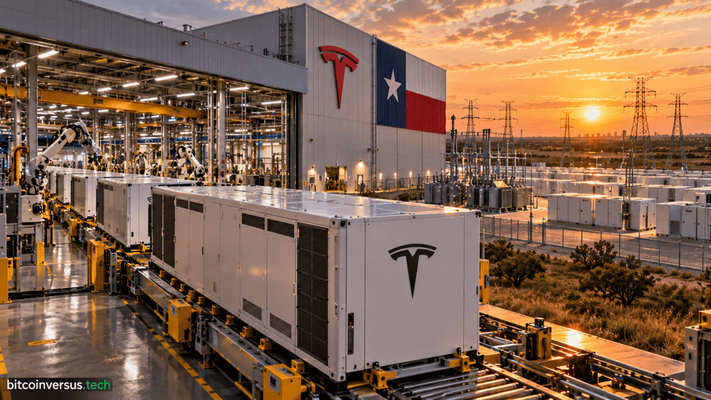 Photorealistic editorial illustration of Tesla Megapack 3 battery production at a Texas Megafactory with grid-scale storage, substations and transmission infrastructure