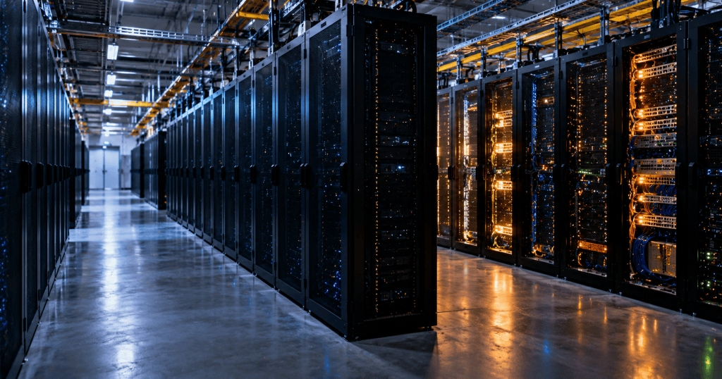 Photorealistic modern data center aisle showing some server racks dark and underused while others are actively processing workloads.