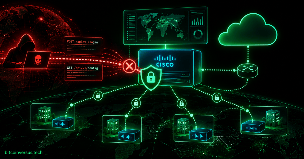 Neon black and green network-security illustration showing a Cisco SD-WAN management node under blocked API attack traffic with secure branch connections.