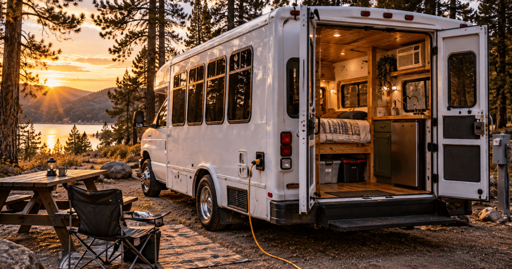 Photorealistic shuttle-bus camper conversion parked at a wooded state-park campsite with a simple shore-power hookup and warm interior lighting.