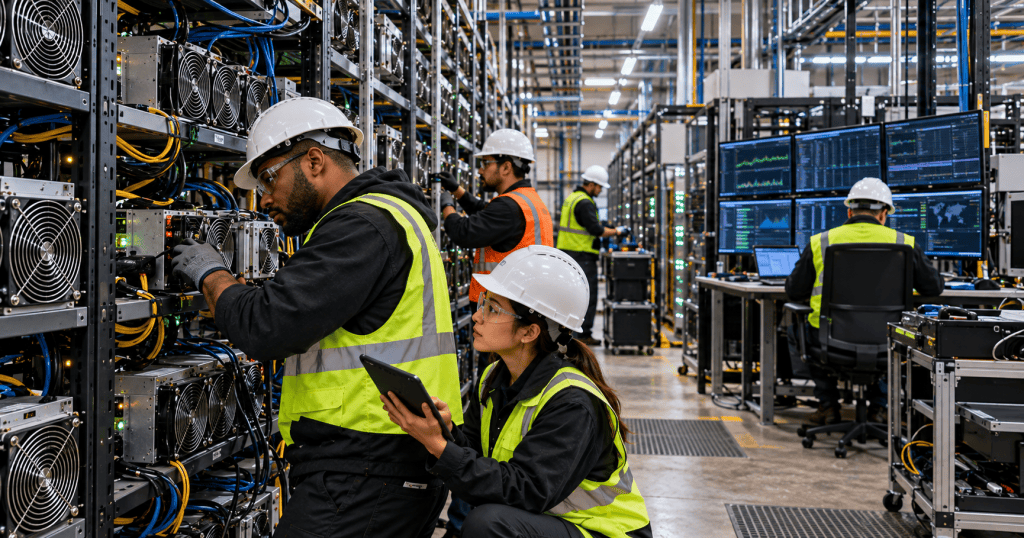 Bitcoin mining technicians troubleshoot ASIC racks while monitoring fleet telemetry and remote management dashboards.