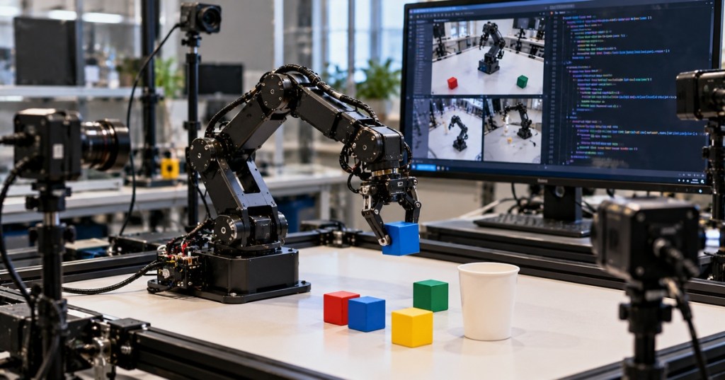 Editorial photograph-style image of an AI-controlled robot arm manipulating colored blocks in a camera-equipped robotics lab.