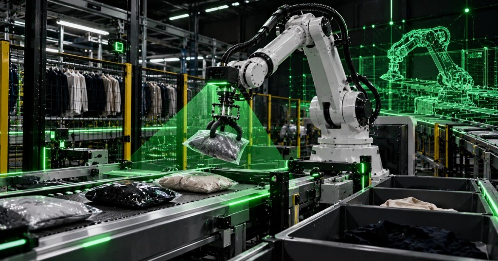 Minimal black and neon-green technical editorial image of an industrial robot sorting packaged garments with AI scanning and a digital-twin overlay.