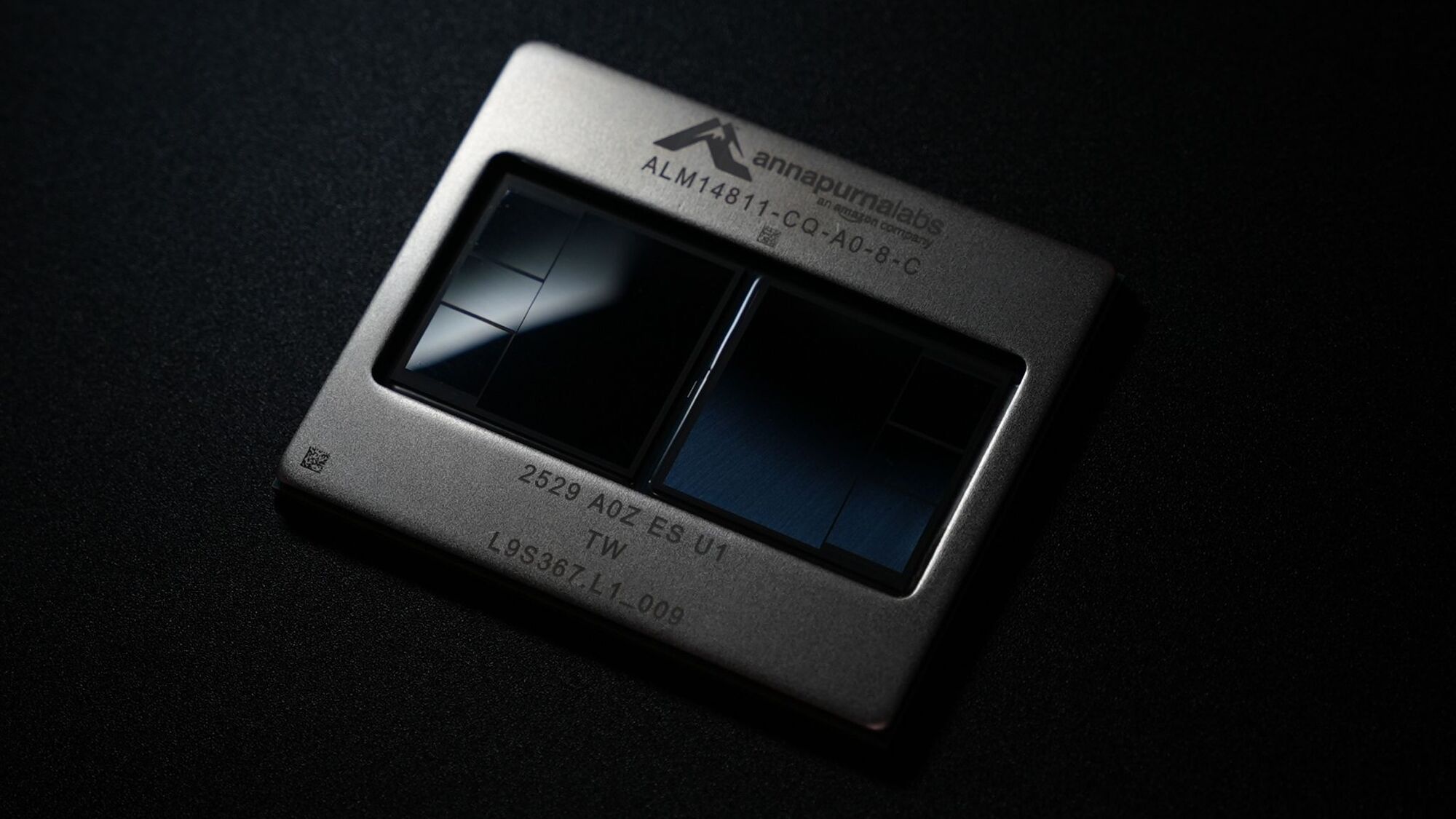 Physical AWS Trainium3 silicon chip package, Amazon editorial product photo