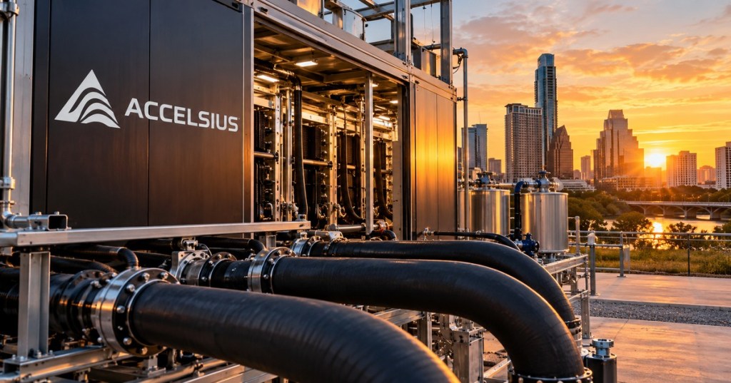 AI liquid-cooling test equipment at an Austin data center cooling facility at sunset