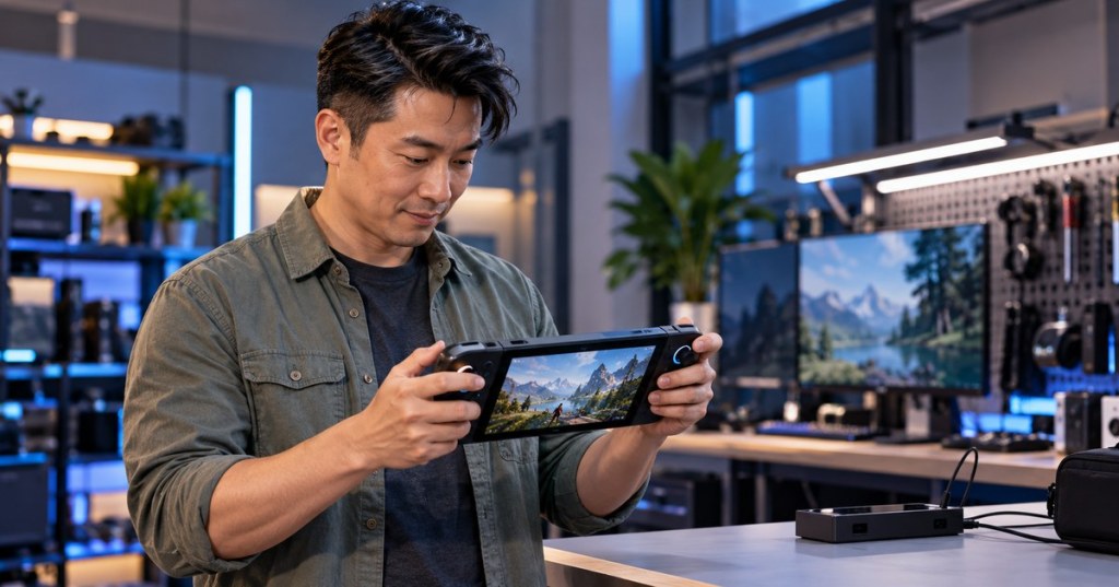 East Asian adult man using a handheld gaming PC in a well-lit electronics workspace.