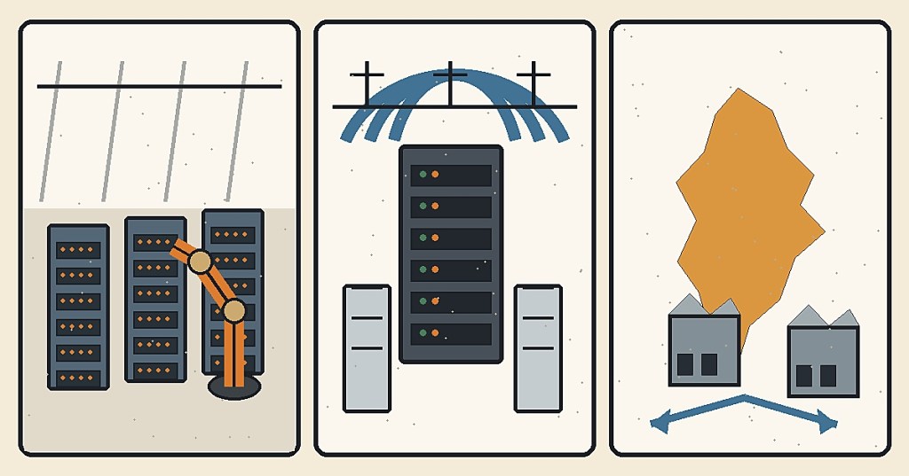 Wordless comic-style illustration of AI server racks, robotic manufacturing, liquid cooling and power infrastructure in India.
