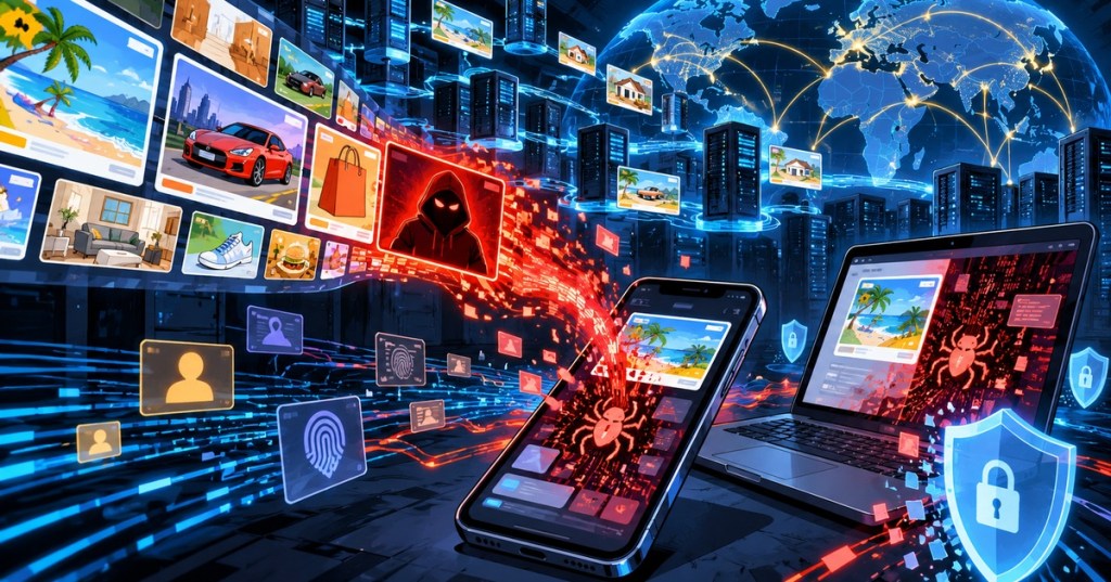 Anime-style cybersecurity illustration showing targeted online ads silently delivering a malicious payload to a smartphone and laptop across a global ad network.