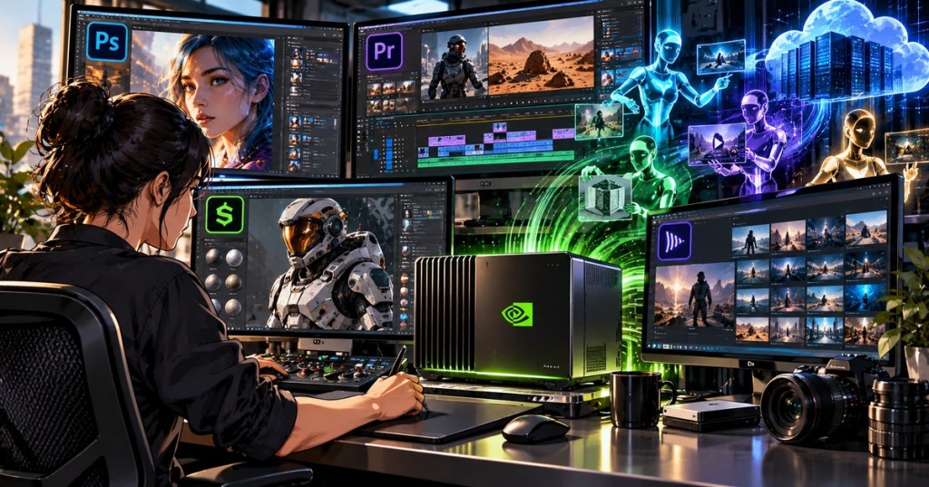 Wordless editorial illustration of a creative professional using multiple Adobe-style editing applications accelerated by an NVIDIA local AI workstation and cloud media processing.