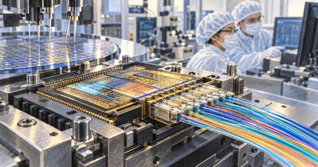 An illustrated silicon photonics chip being assembled beside precision probes, optical fibers and cleanroom engineers.