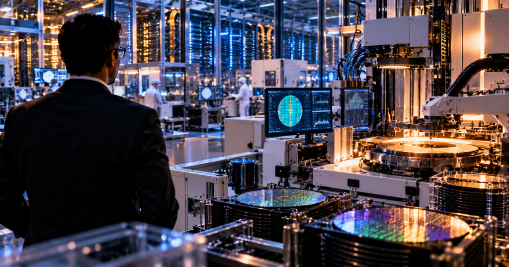 Conceptual editorial semiconductor testing laboratory with wafer systems and data center racks; not a photograph of Vijay Rao