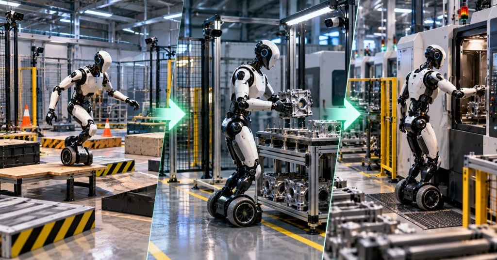 Wordless editorial illustration showing a humanoid robot progressing through training, validation, and factory deployment stages.