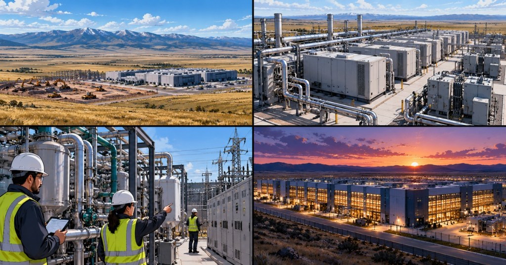 Wordless comic-style editorial illustration of a large Wyoming fuel-cell power campus supplying a modern data center.